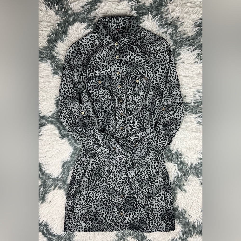 Guess Women's Cheetah Print Dress Size XS Gray Black Long Sleeve